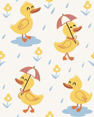 Seamless Pattern with Ducks and Umbrellas for Spring Nursery Wallpaper and Baby Rainy Day Decor