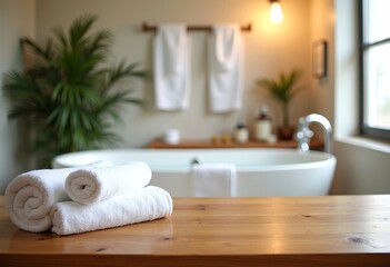 Empty marble table top on blurred minimalistic luxury bathroom at apartment, white day light, clean cozy colors. Place for product display, showing products, side view