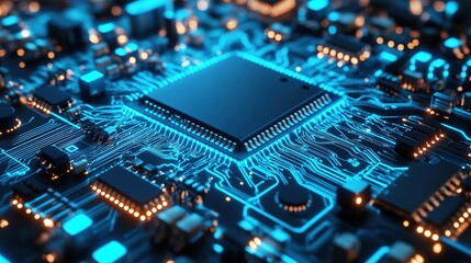 3D render of a chip on a circuit board, close-up view with blue glowing elements. High-tech concept. -