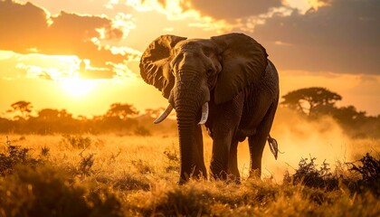 Fototapeta premium Majestic African elephant standing in the golden light of a beautiful sunset in the savanna.