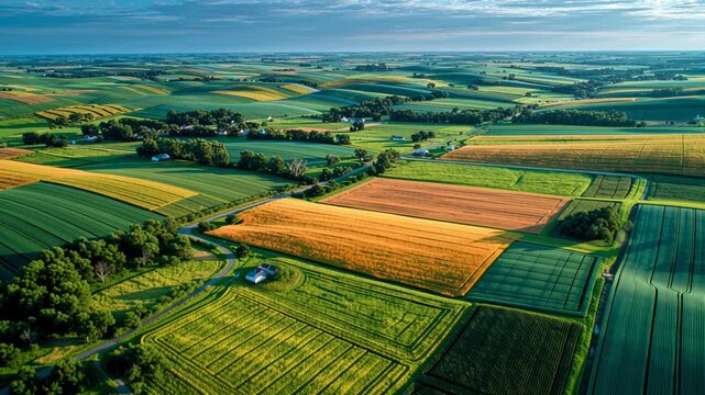 a drone shot of iowa corn farms interspersed with other types of farm crops