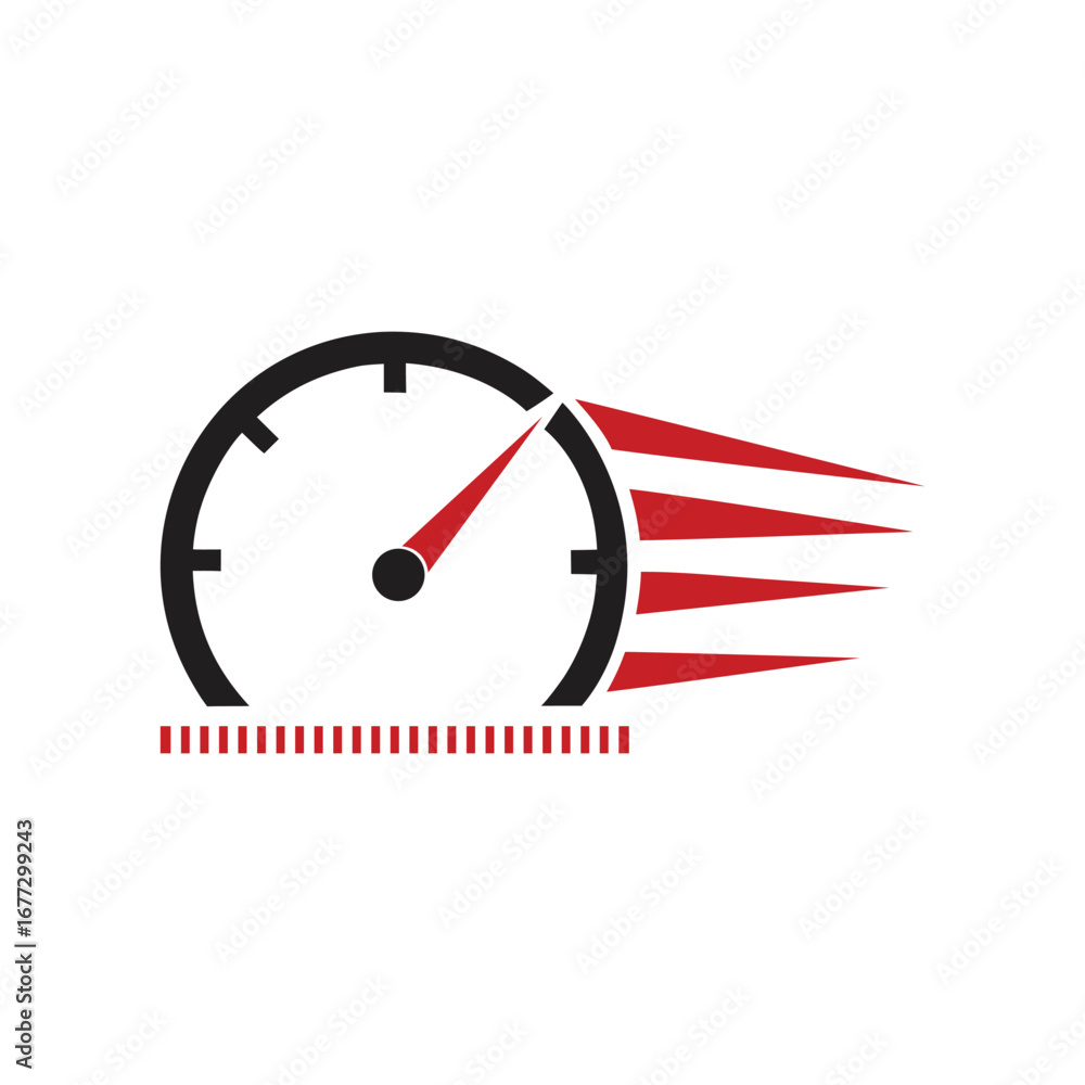 Poster black speedometer with red arrow and motion lines on white background gauge dial