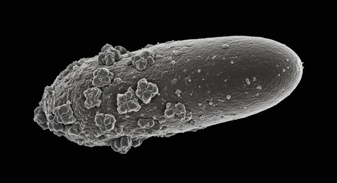 Scanning Electron Micrograph of the Rabies Virus Showing Its Characteristic Bullet Shape and Glycoprotein Spikes

