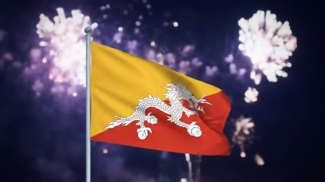 Bhutan's national flag waves proudly against a backdrop of vibrant fireworks.