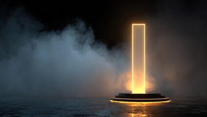 A tall, luminous orange rectangle glows within a dark, smoky environment, atop a circular platform on a reflective floor