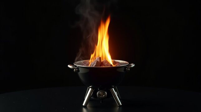 Black grill with bright orange flames and smoke barbecue - Powered by Adobe