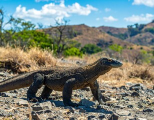 Obraz premium A large Komodo dragon walks across rocky terrain under a bright blue sky with dry hills in the background on a sunny day.