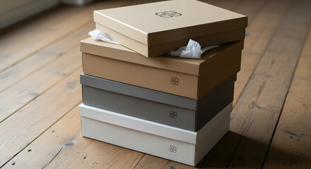 Stack of neatly arranged, minimalist cardboard gift boxes on a wooden floor.