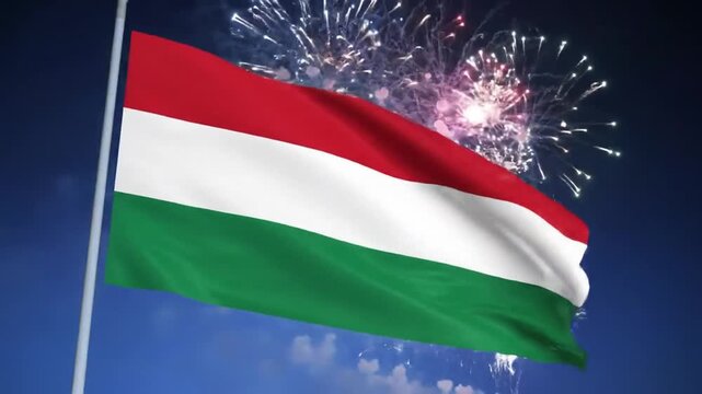 Animated Hungarian flag waving proudly against a backdrop of festive fireworks.