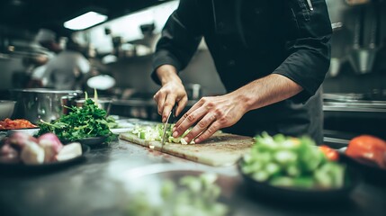 Close-up view of a chef expertly dicing vegetables in a professional kitchen.