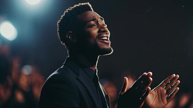 Black Christian gospel singer clapping passionately during a church service, with a dynamic choir singing in unison and raising their hands in praise to Jesus Christ