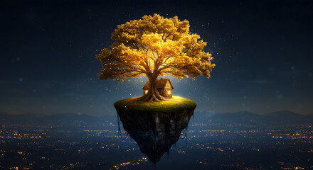 Floating island sanctuary with golden tree and illuminated cottage amidst a dreamy cityscape in the serene night sky