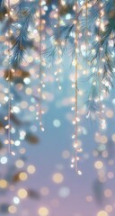 Dreamy, out-of-focus image of pine branches adorned with warm-toned fairy lights against a soft blue and purple bokeh background
