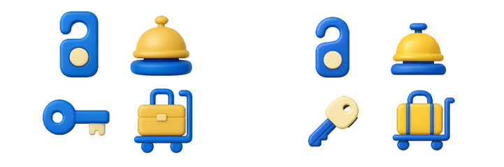 Hotel service icons: door hanger, bell, key, luggage cart. Modern 3D Icon Set