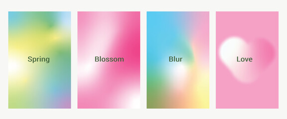 Abstract aura blurry vector texture. Blue, pink, green, yellow gradient background. Beauty in nature gradation pattern. Aesthetic bg. Set of 4 square vector gradient backdrop for poster, cover, banner