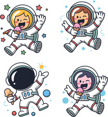 Cartoon astronauts, ice cream cones, space illustration, playful design, cute characters, colorful suits, cheerful mood, cosmic fun, whimsical art, kids theme