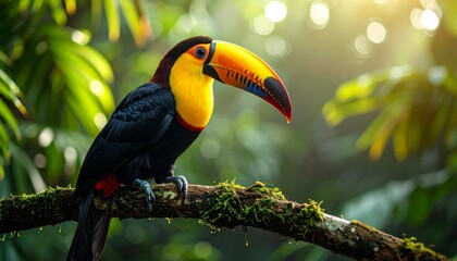 Fototapeta premium A vibrant keel-billed toucan perched on a mossy branch in a lush rainforest.