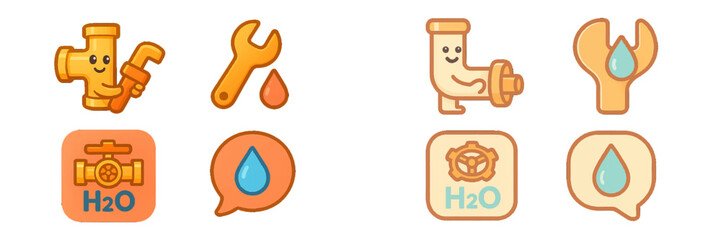 Plumbing and water icons with cute characters. Modern 3D Icon Set