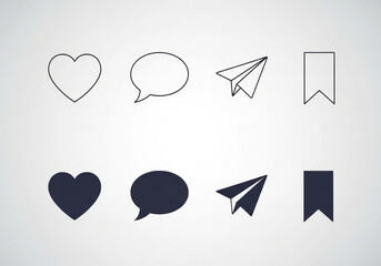 Social media icons set featuring hearts speech bubbles paper airplanes and bookmarks outline and filled styles