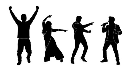 A vibrant collection of diverse human silhouettes engaged in energetic dance, celebratory poses, and musical performance, capturing the essence of entertainment.