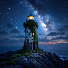 The lighthouse reflected faintly in a tide pool below, with stars shimmering in the water&rsquo;s surface