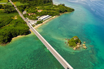Aerial View of Kouri Bridge (古宇利大橋) from Yagaji Island Side, Okinawa, Japan