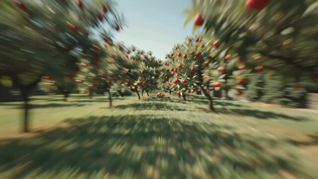 Dynamic rush through a sunlit apple orchard with a radial blur effect, showcasing rows of trees with ripe red fruit