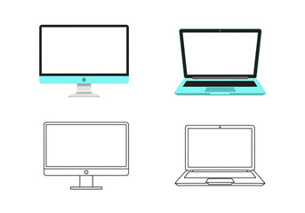 Modern desktop computer and laptop designs with blank screens side by side