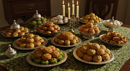 Maamoul cookies, traditional arabic desserts, arranged on a table with candles