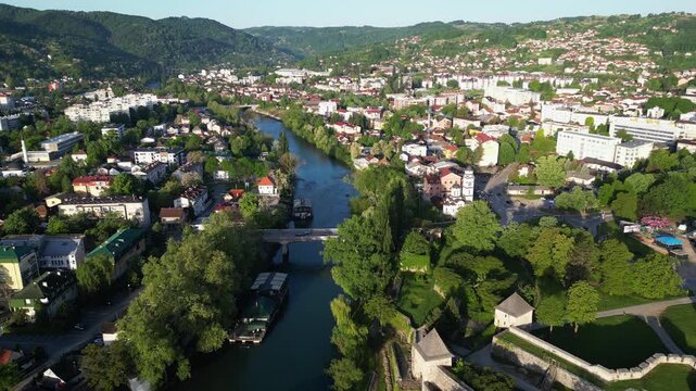 Aerial view of river Vrbas flowing through the city of Banja Luka, Bosnia and Herzegovina.
