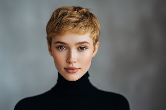 Portrait of woman with honey blonde pixie cut in black turtleneck, timeless fashion style