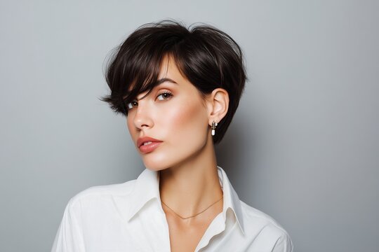 Portrait of woman with asymmetrical pixie bob in white shirt, modern professional style