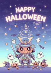 Fototapeta premium Cute Samurai Character for Halloween Celebration with Ghosts and Pumpkins