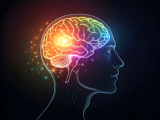 Obraz premium Vibrant human brain illustration with glowing neural activity and silhouette