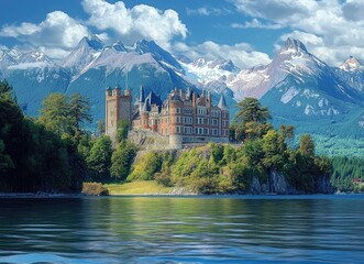 Majestic castle on a lake, surrounded by lush greenery and snow-capped mountains under a bright summer sky.