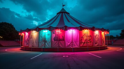 Circus tent illuminated with vibrant colors night pink