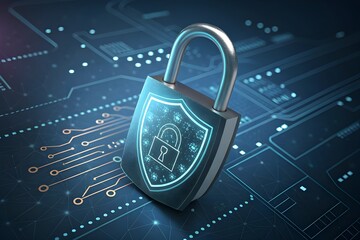 Digital security padlock with shield overlay on circuit board background