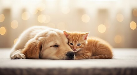 Golden retriever and kitten cozy together