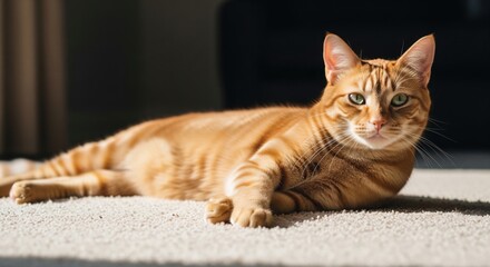 Ginger cat lying on carpet