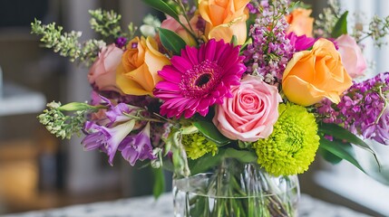 Obraz premium Vibrant bouquet of mixed flowers in a clear vase, featuring pinks, oranges, and purples, creating a cheerful and celebratory mood.