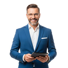 Confident businessman in blue suit holding a tablet and smiling, ready for business interaction and modern technology usage