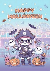 Cute Pirate Character in Halloween Costume with Ghosts and Pumpkins
