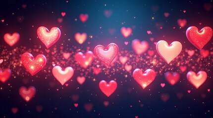 Glowing hearts floating in dark background pink sparkling
