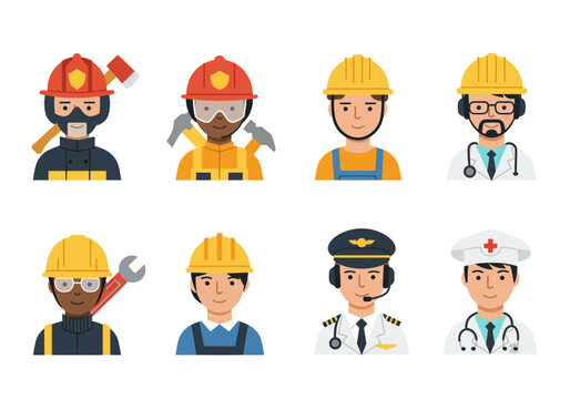 Diverse Professionals: Firefighters Construction Workers Doctors Pilots.