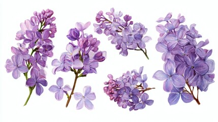 A collection of lilac flowers in various stages of bloom, showcasing shades of purple and violet, with detailed petals and leaves