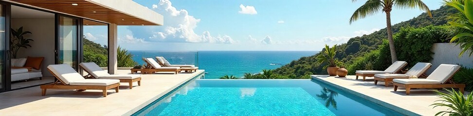 Fototapeta premium Luxury villa holiday home with private pool and stunning ocean views Perfect for a relaxing getaway or family vacation Enjoy outdoor living at its finest , modern, estate