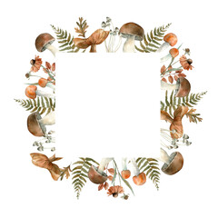 Autumn mushroom wreath with forest plants. Hand drawn by watercolor fern, leaves, branches, mushrooms, flowers. Template for printing on fabric wrapping paper and label © Anastasiia