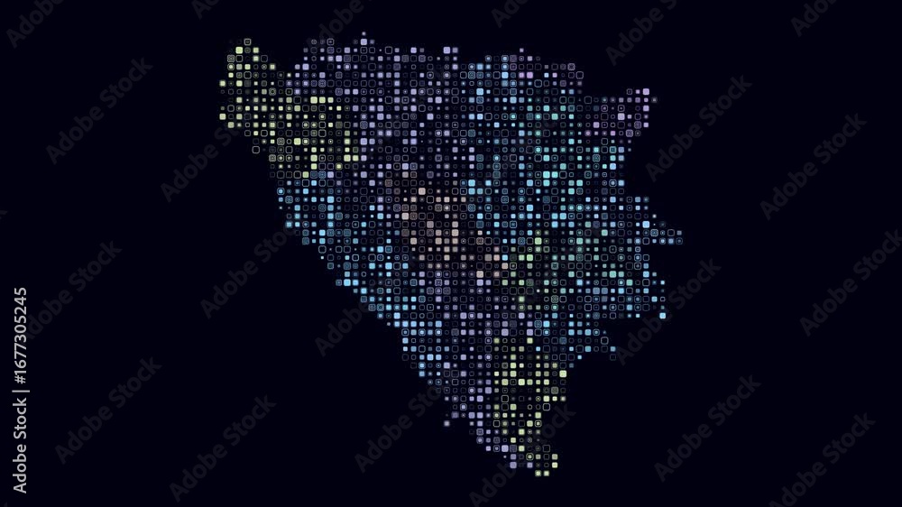 Poster bosnia and herzegovina map animation. shape of the country with pulsating colored dots. small size r