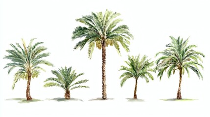 A collection of palm trees illustrated in a watercolor style, showcasing various sizes and shapes, with lush green fronds and textured trunks