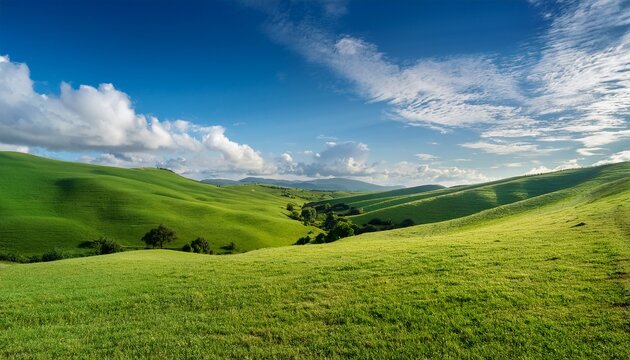 rolling green hills under a bright blue sky with fluffy white clouds create a serene and vibrant natural landscape